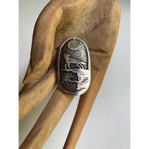 Beautiful Vintage Southwest Coyote Howling at the Moon Brooch Sterling Brooch